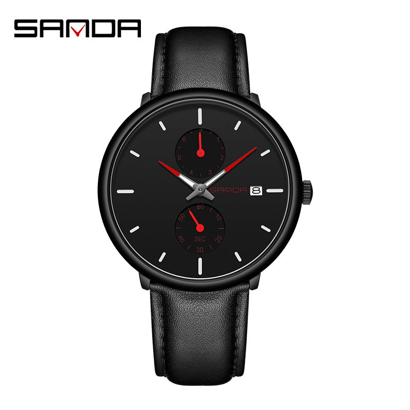 Sanda Men’s Classic Leather Quartz Watch – Waterproof Luminous Calendar Wristwatch