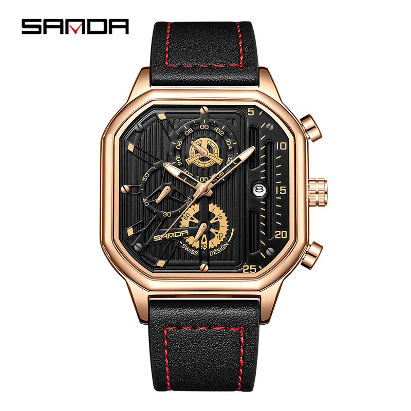 SANDA Men's Leather Square Quartz Watch – Multifunction Calendar Waterproof Timepiece