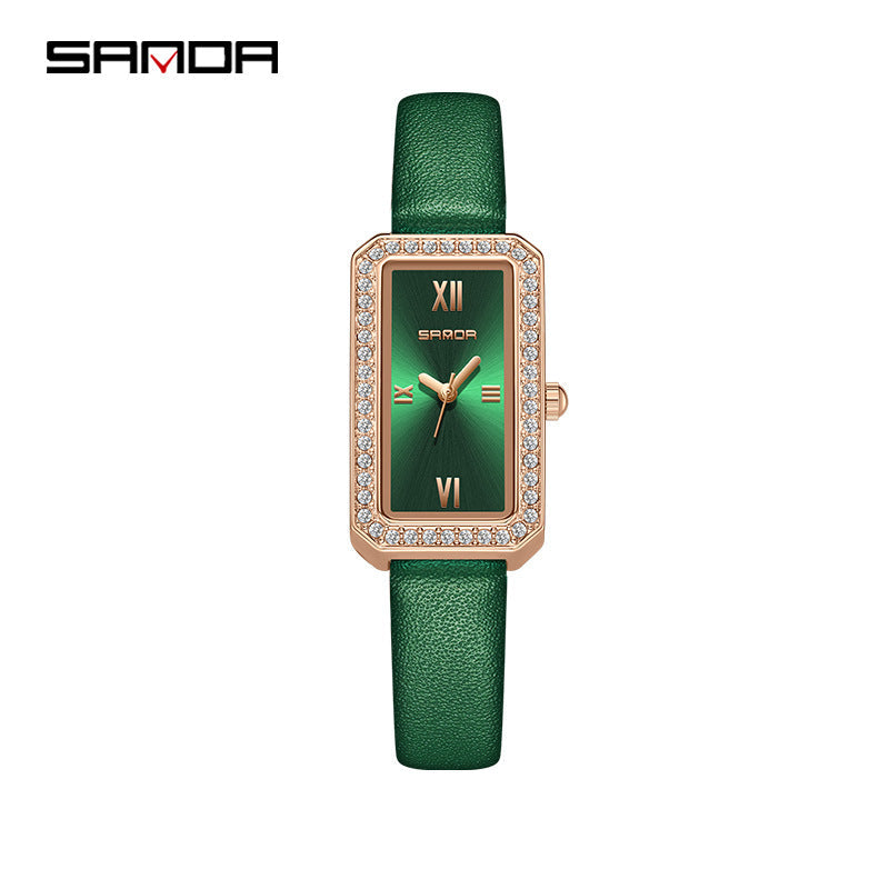 SANDA Women's Quartz Watch – Diamond-Accented Leather Strap, Casual Timepiece