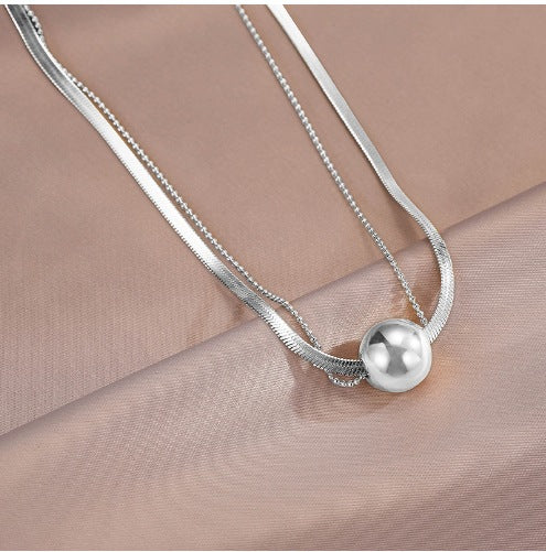 Double Layer Titanium Steel Necklace – Elegant Ball Pendant Clavicle Chain for Women