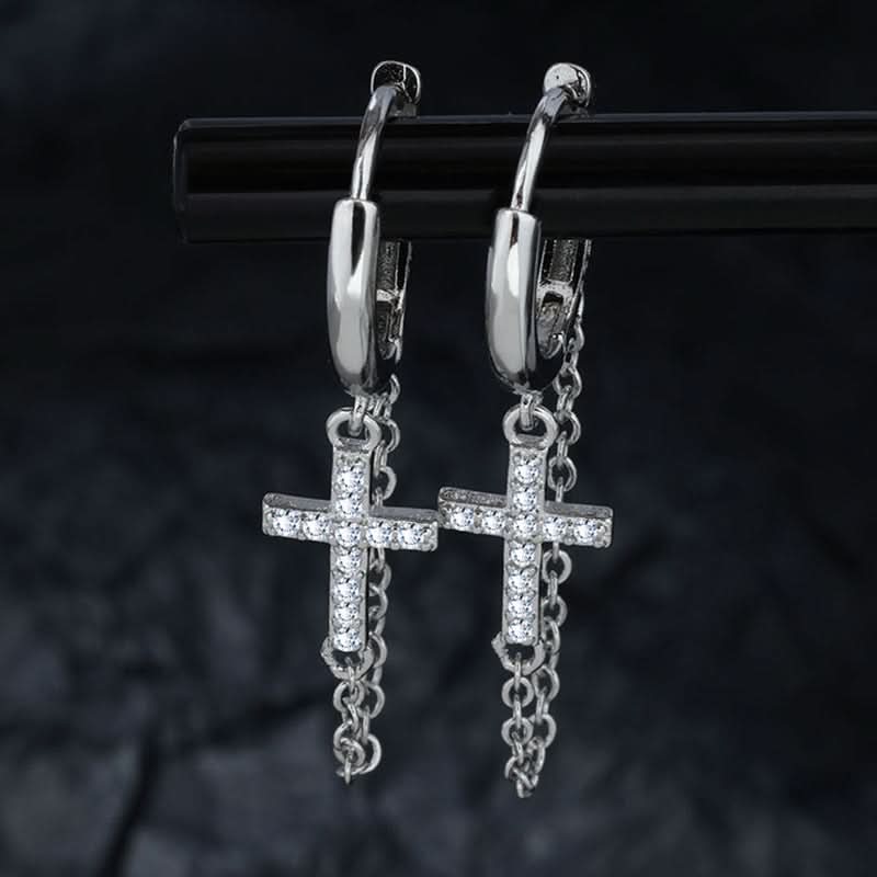 Men’s Stylish Cross Chain Earrings with Tassels – Hip-Hop Diamond Stud