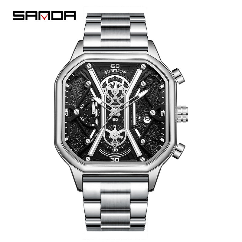SANDA Men's Square Quartz Watch – Luminous Calendar Waterproof Stainless Steel Strap