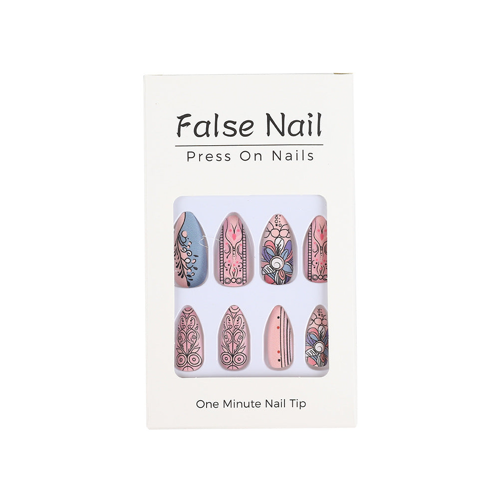 Long Almond Press-On Nails – Boho Chic Floral & Tribal Acrylic Nail Art Set