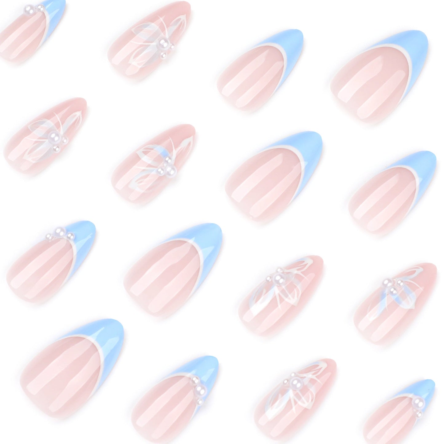 Floral French Tip Press-On Nails – Blue Butterfly Pearl Design, Medium Almond Shape