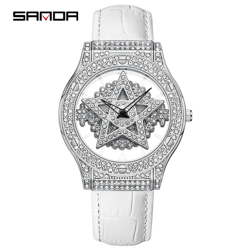 SANDA Women's Star Quartz Watch – Waterproof Leather Strap Casual Ladies Timepiece