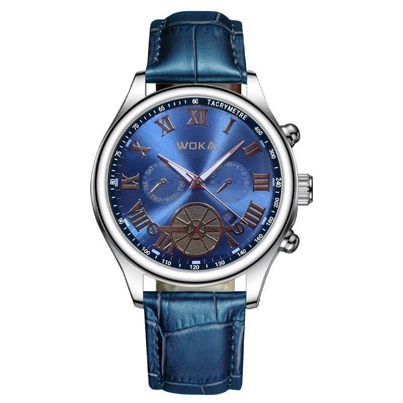 Men's Quartz Sports Watch with Blue Leather Strap
