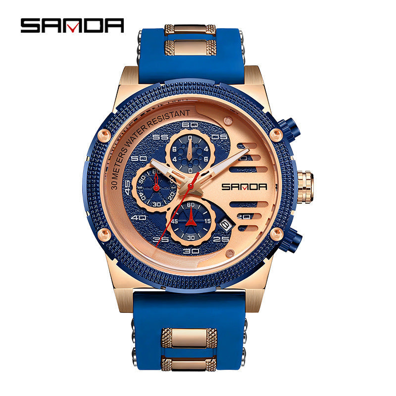 Sanda Men's Quartz Watch – Multi-Function Three-Eye Calendar Silicone Strap Waterproof
