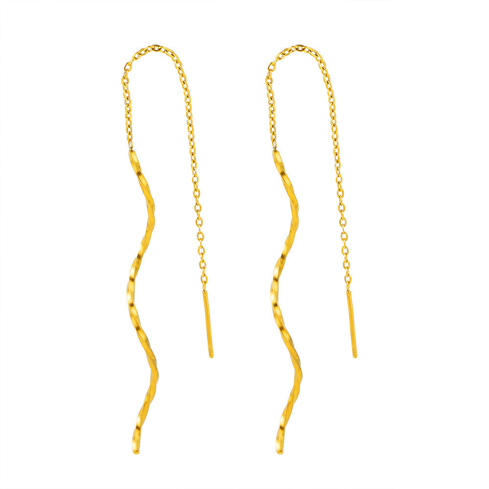 Gold Wavy Tassel Earrings – Titanium Steel Geometric Jewelry for Women