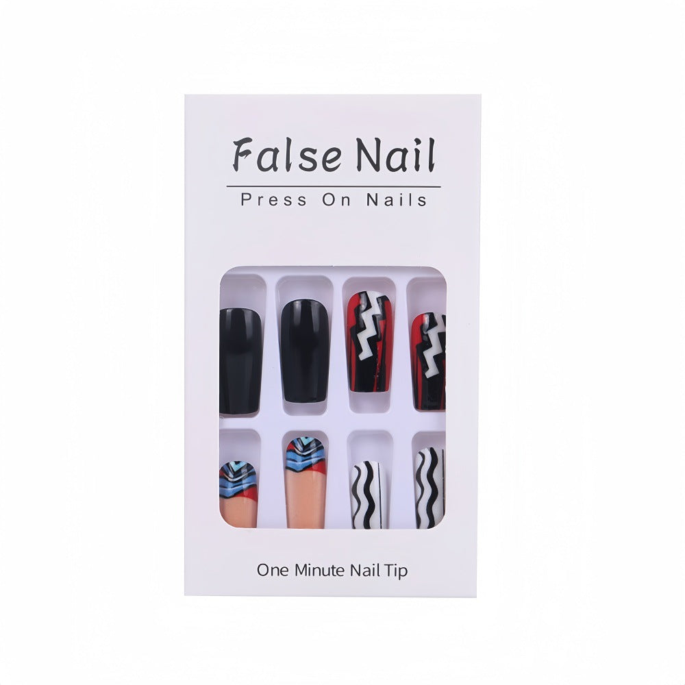Bold Glossy Square Press-On Nails – Multicolor Acrylic with Striped & Wave Design