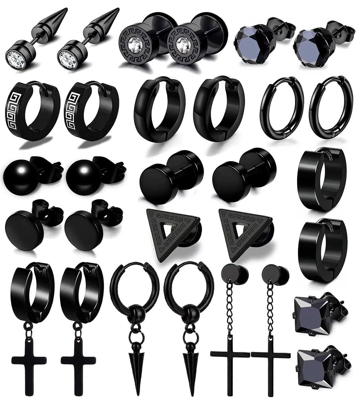 Men’s Black Geometric Stainless Steel Earrings Set (15-pairs)