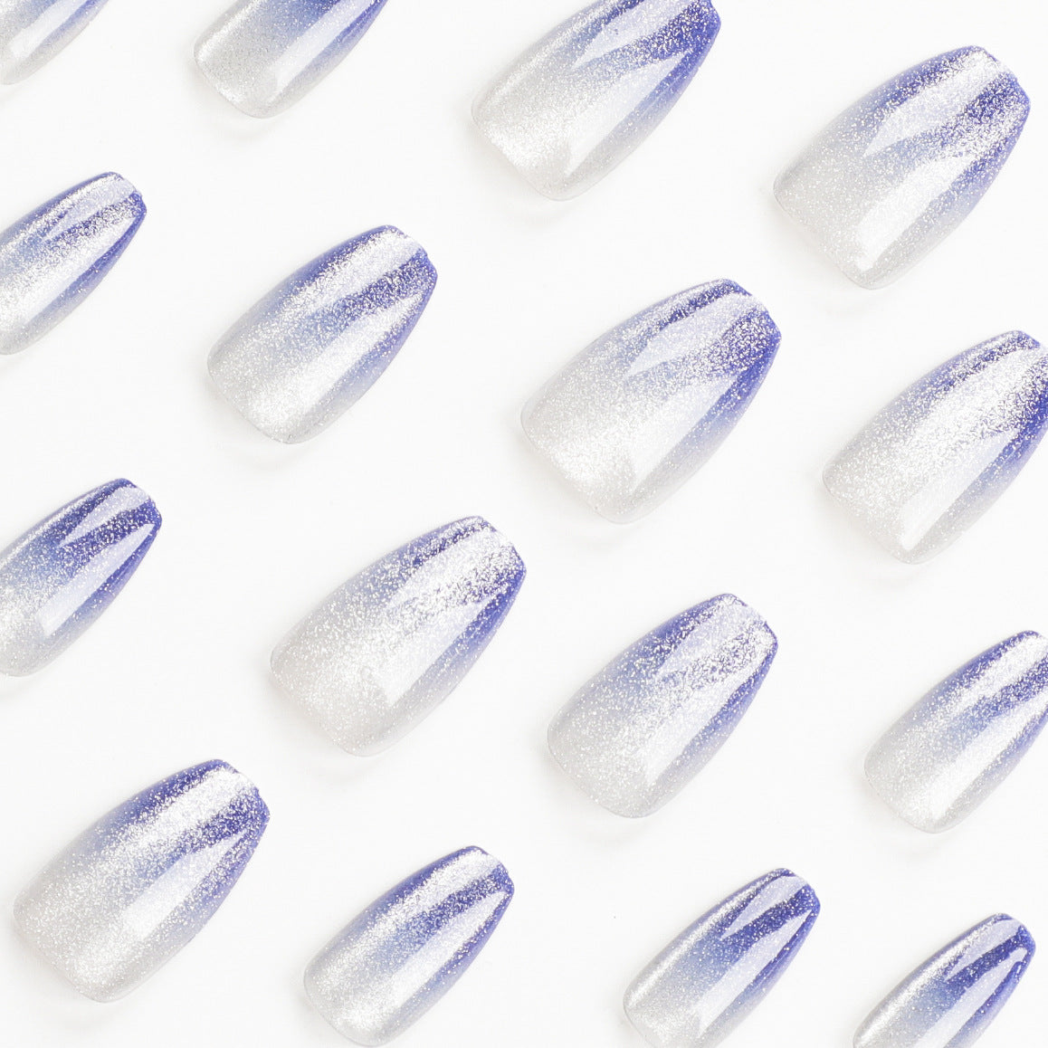 Blue Glitter Gradient Press-On Nails – Medium Coffin Shape, Glossy Finish, Glue-On