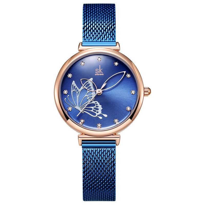 SK Women’s Quartz Watch – 3D Butterfly Dial, Stainless Steel Strap, Waterproof Wristwatch