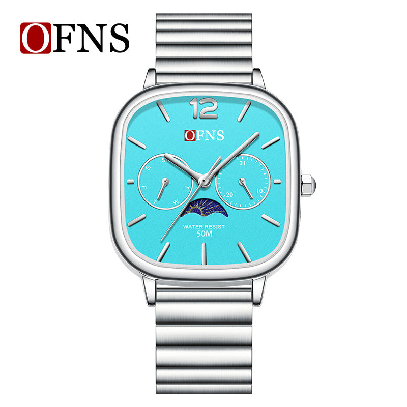 OFNS Square Quartz Watch with Moon Phase & Calendar – Waterproof Business Unisex Watch