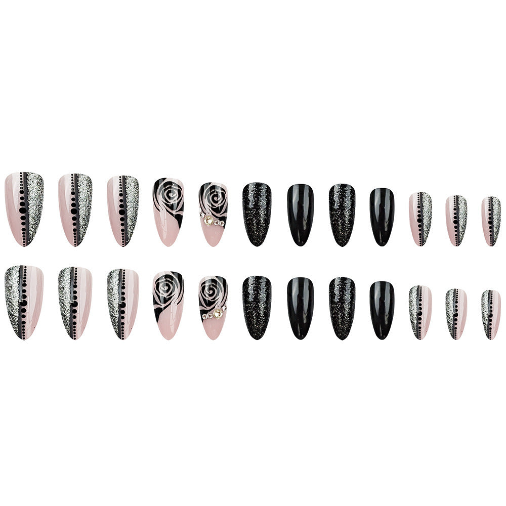 Black Rose Glitter Press-On Nails – Medium Almond Acrylic with Gem Accents