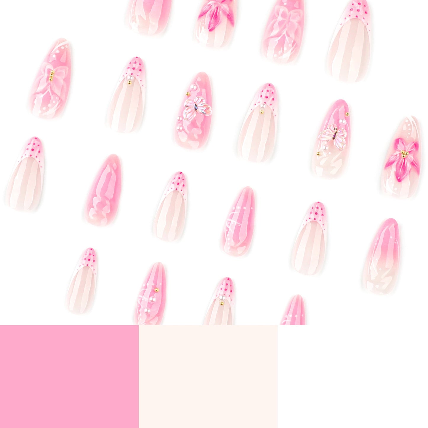 3D Butterfly Floral Press-On Nails – Long Almond Pink & White, Swirl Acrylic Set
