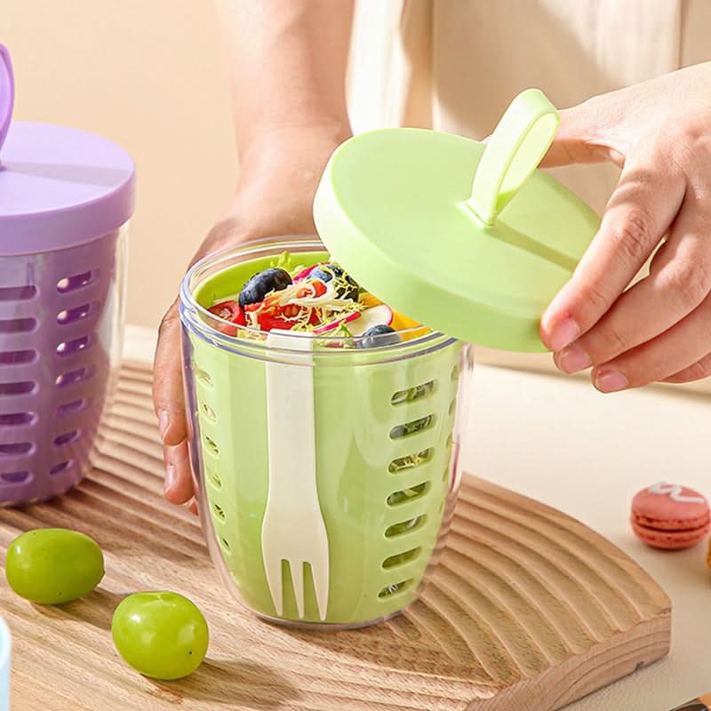 Portable Double-Layer Snack Container with Fork & Handle for Travel & Picnics