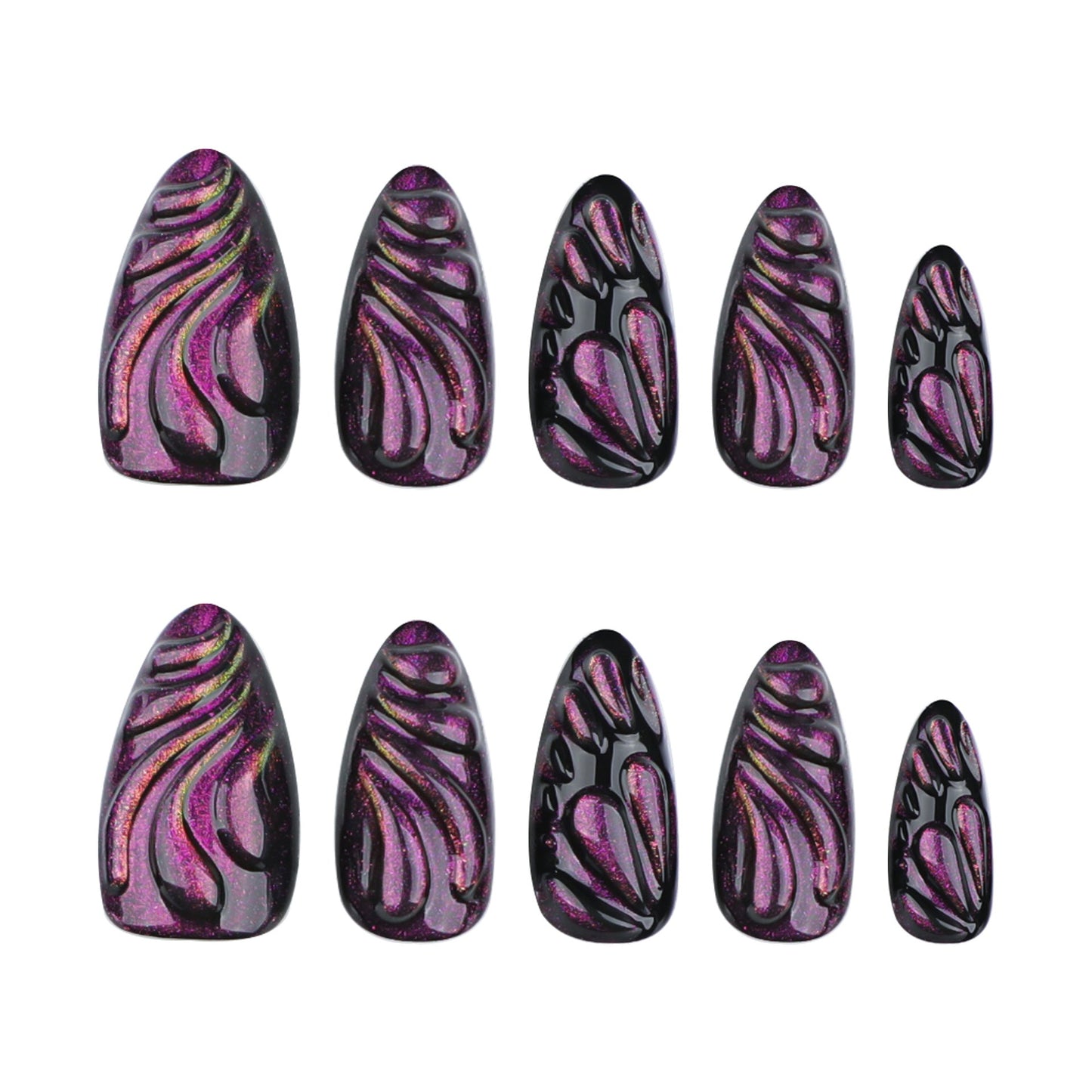 Long Almond Purple & Black 3D Press-On Nails – Glittery, Glossy, Artistic Design