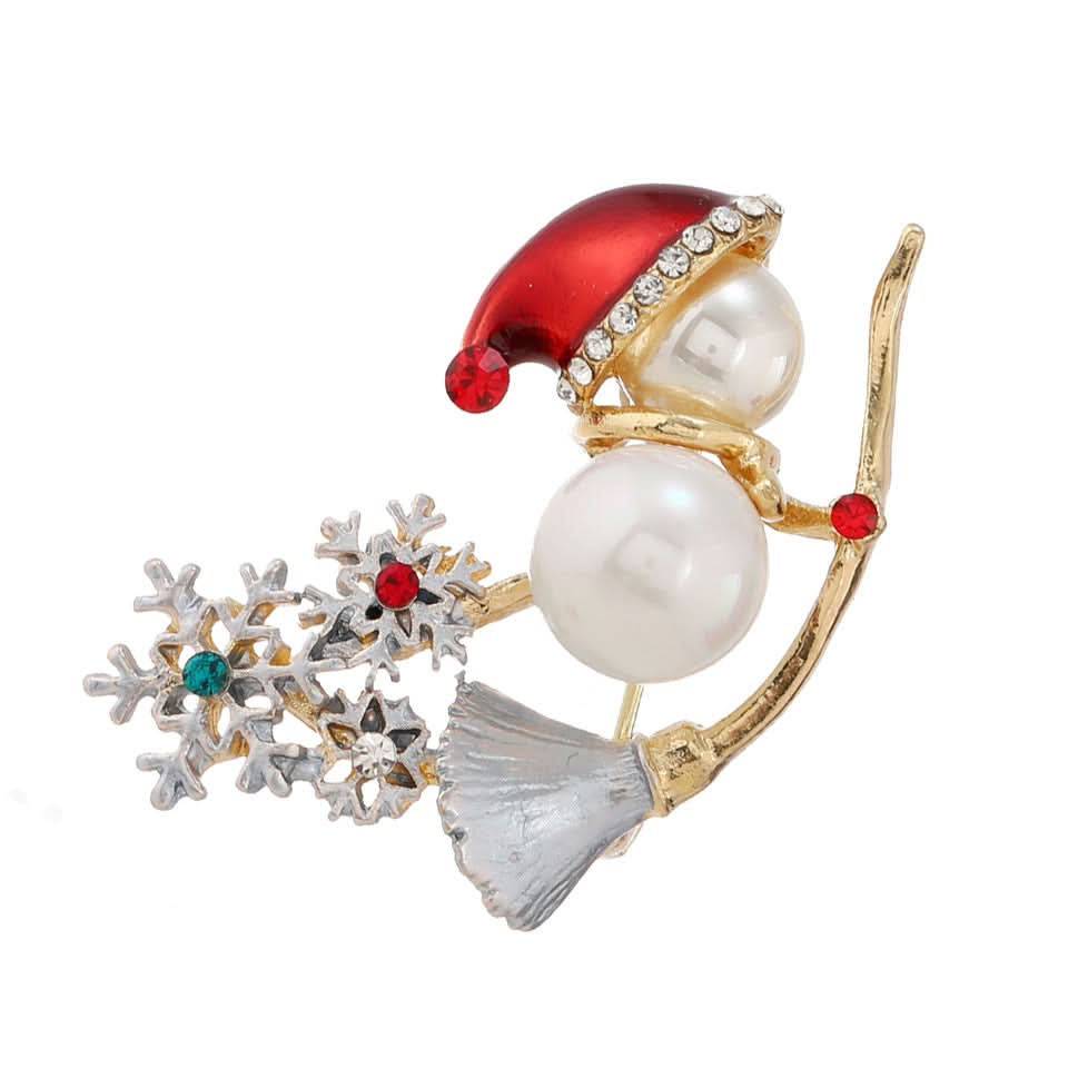 Christmas Snowflake & Snowman Brooch – Rhinestone Winter Pin for Coats & Scarves