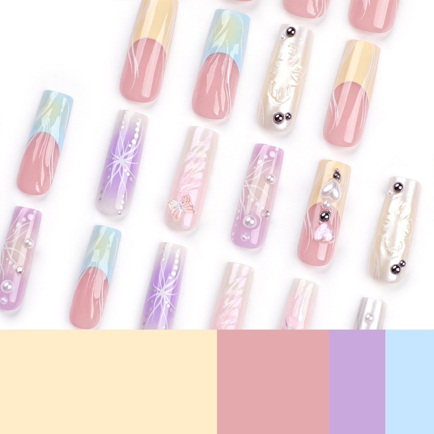 3D Multicolor Coffin Press-On Nails – Long Glossy Gradient with Floral & Pearl Accents