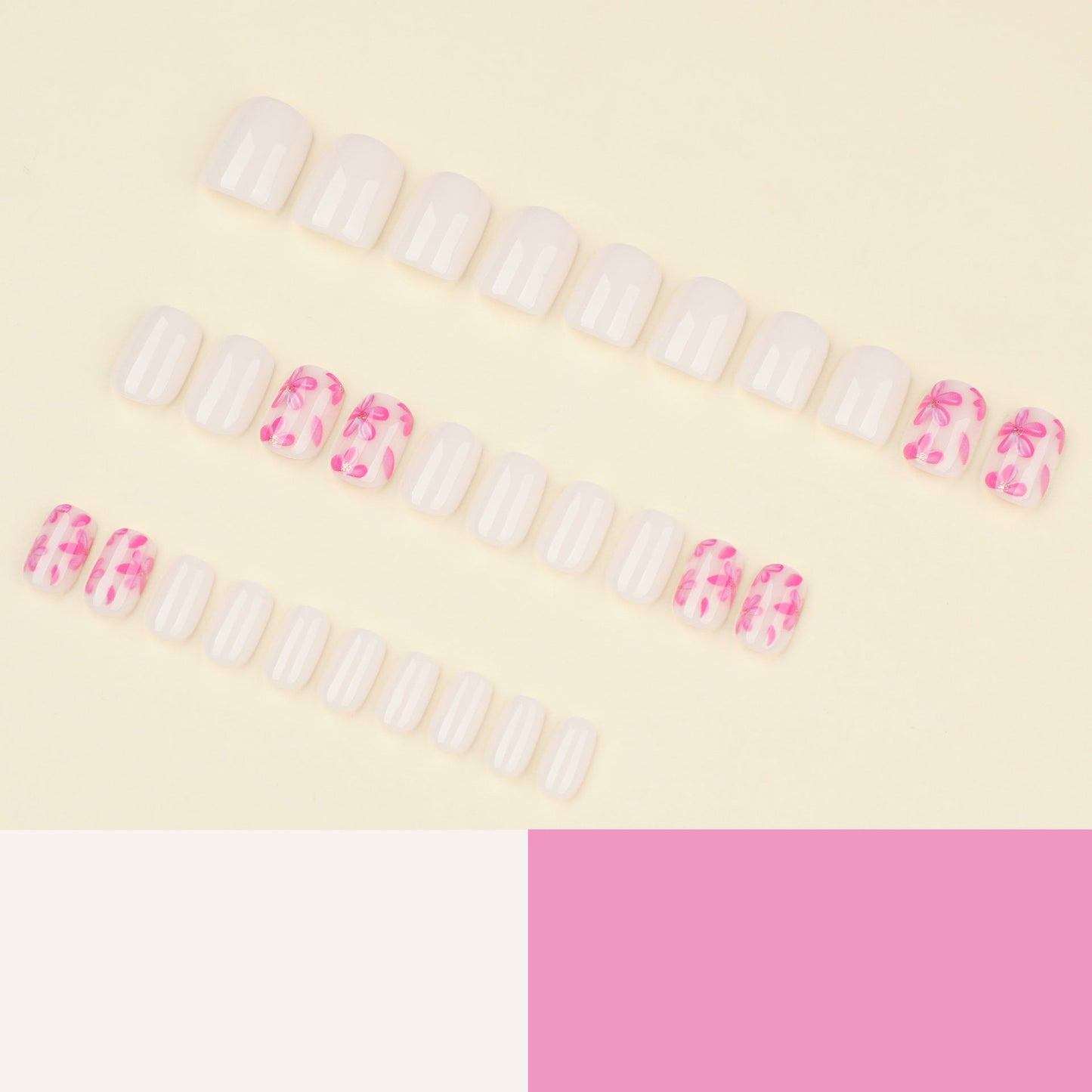 Short Square Floral Press-On Nails – Pink Flower Design, Feminine White