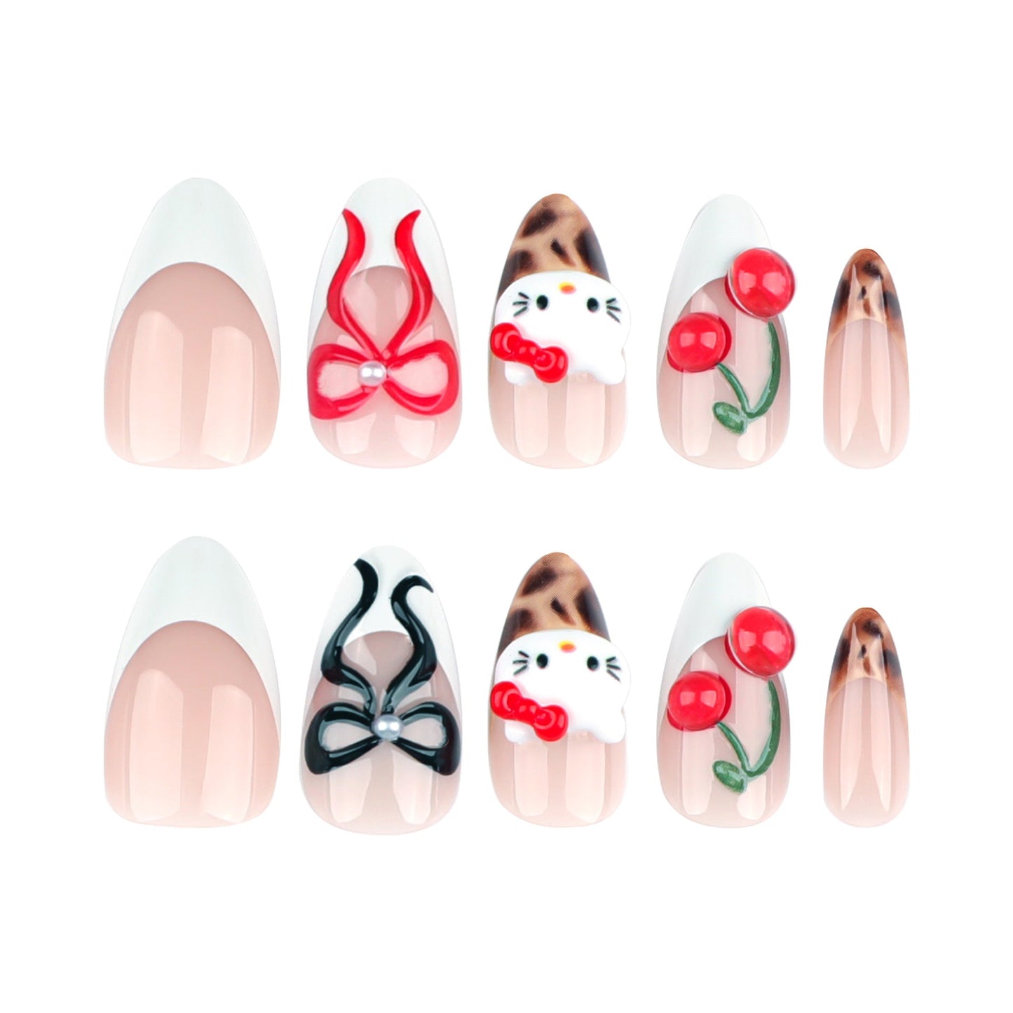 3D Hello Kitty Press-On Nails – Almond Shape with Cherry & Bow Design