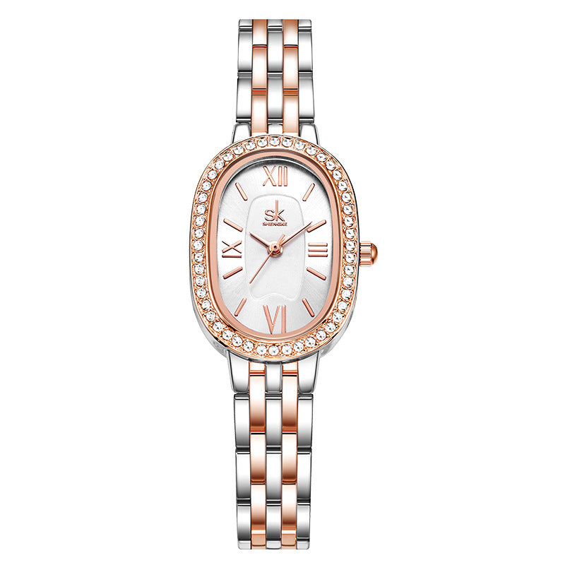 SK Women’s Quartz Watch – Zircon Oval Dial, Waterproof Fashion Alloy Wristwatch
