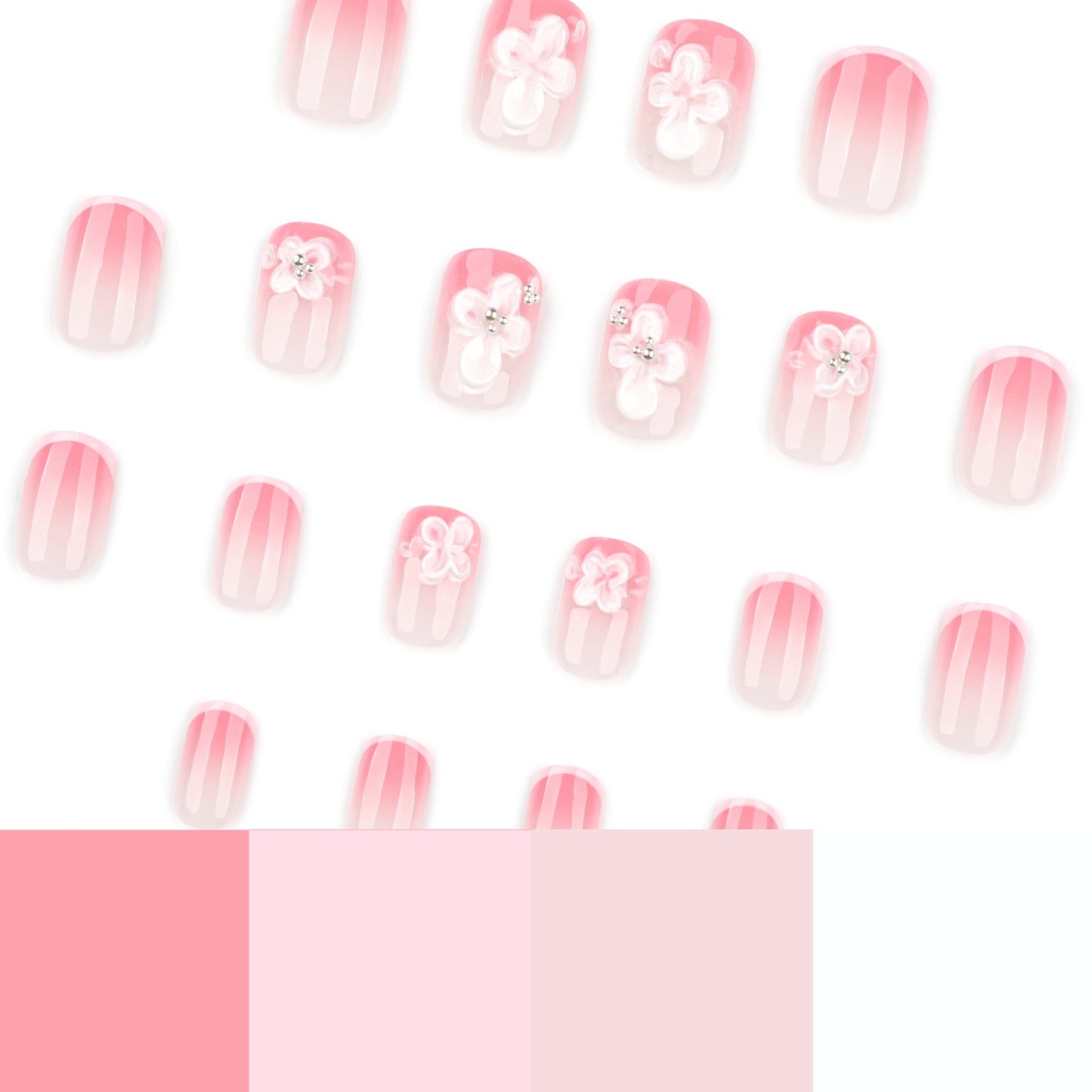 Elegant Nude Pink 3D Floral Press-On Nails – French Tip, Square Glue-On False Nails