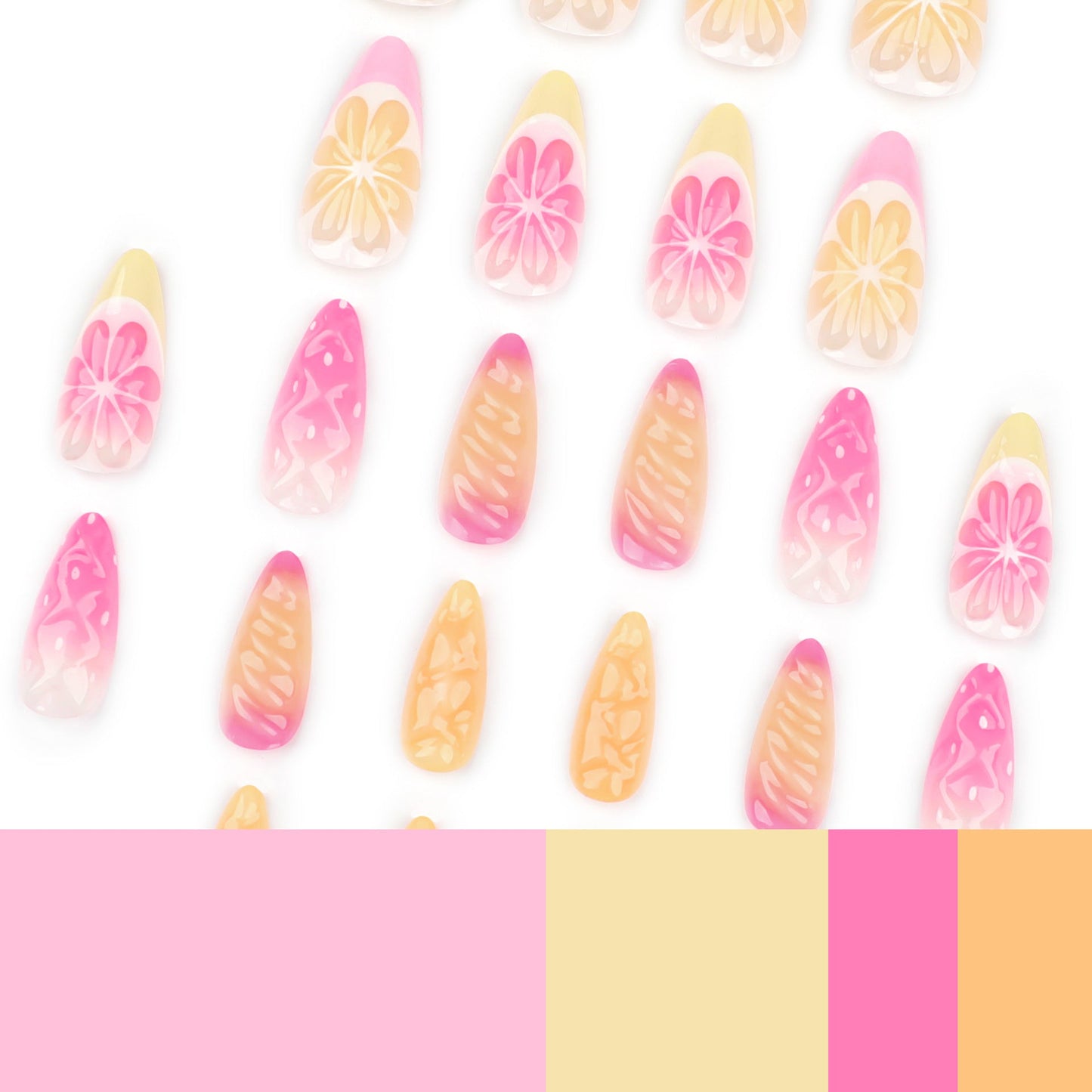 3D Fruit Press-On Nails – Medium Coffin Glue-On Tips with Floral Gradient Design
