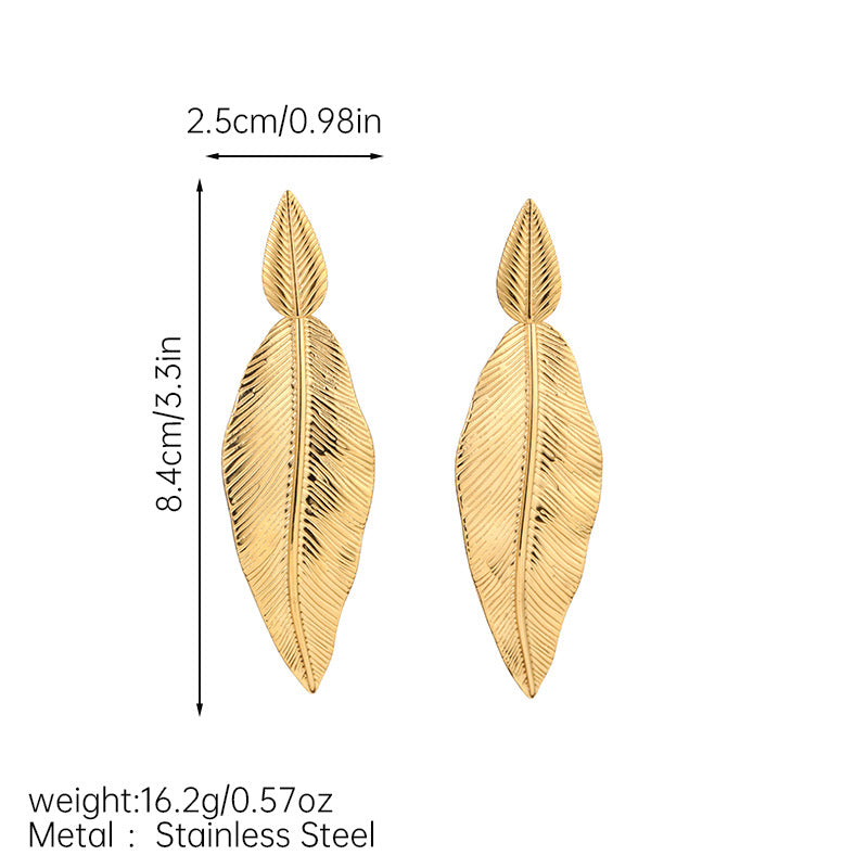 Gold Leaf Drop Earrings – Stainless Steel Textured Pendant Jewelry for Women