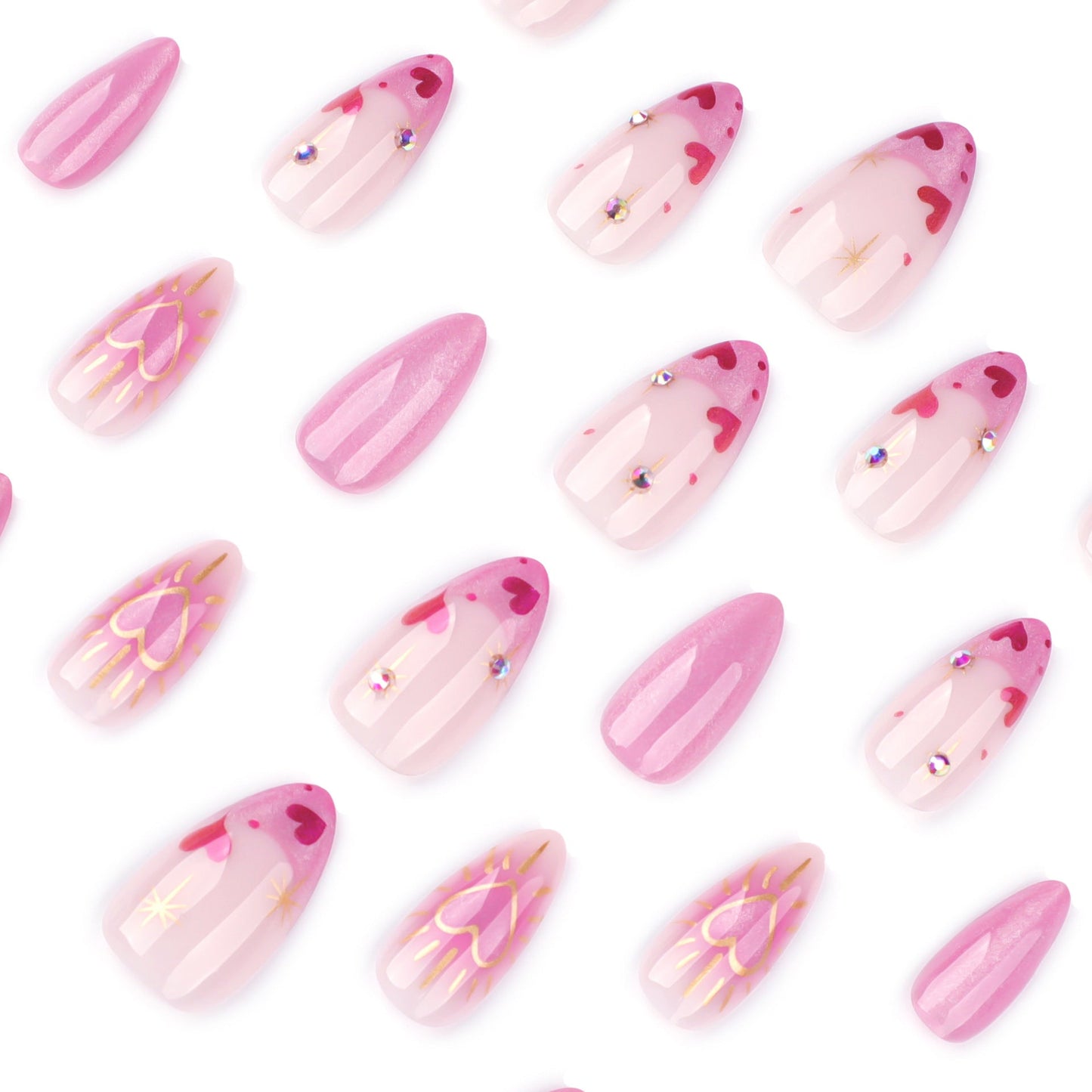 Romantic Pink Press-On Nails – Almond Shape with Glitter Hearts & Cat Eye Shine