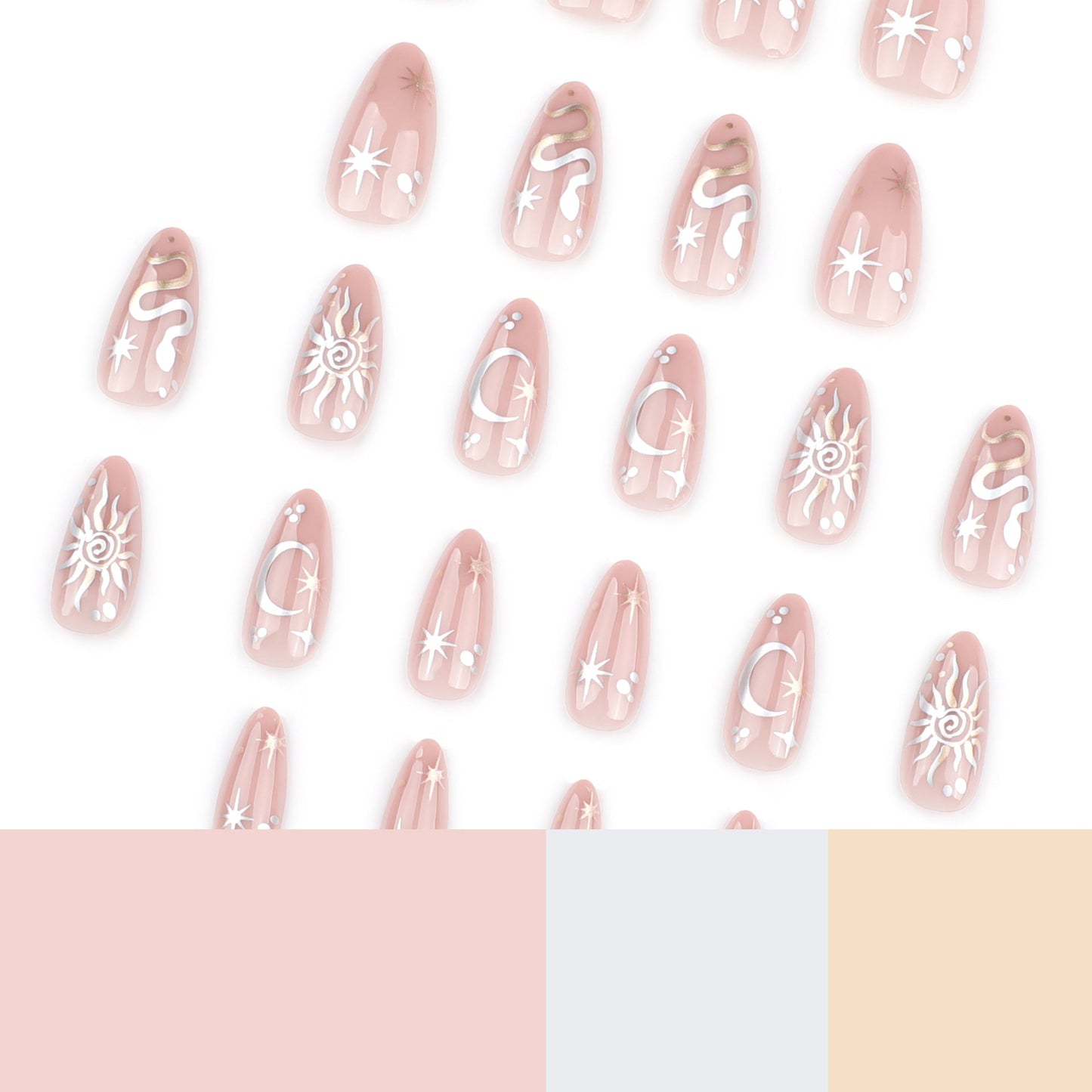 Mystical Almond Press-On Nails – Nude with 3D Metallic Sun, Moon & Star Accents