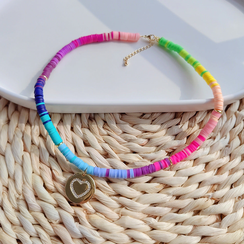 Bohemian Rainbow Heart Necklace – Colorful Soft Clay Pendant Jewelry for Women
