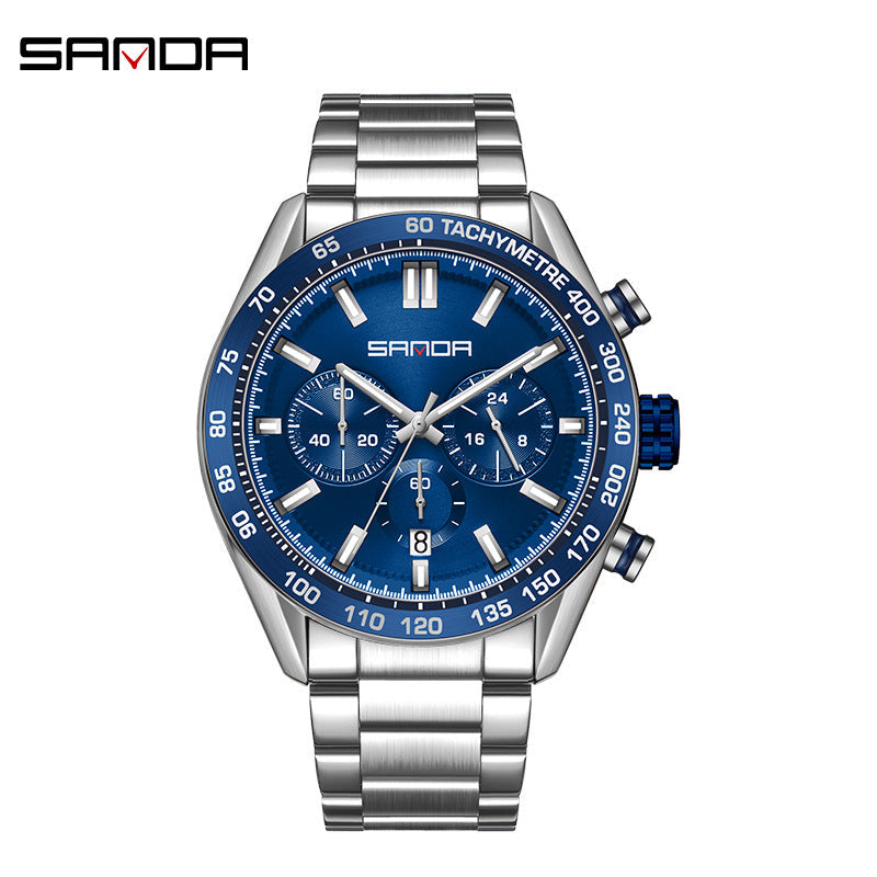 Sanda Men's Quartz Watch – Three-Eye Calendar Stainless Steel Strap Waterproof