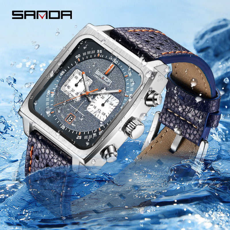Sanda Men’s Square Quartz Watch – Luminous Calendar Leather Strap Business Wristwatch