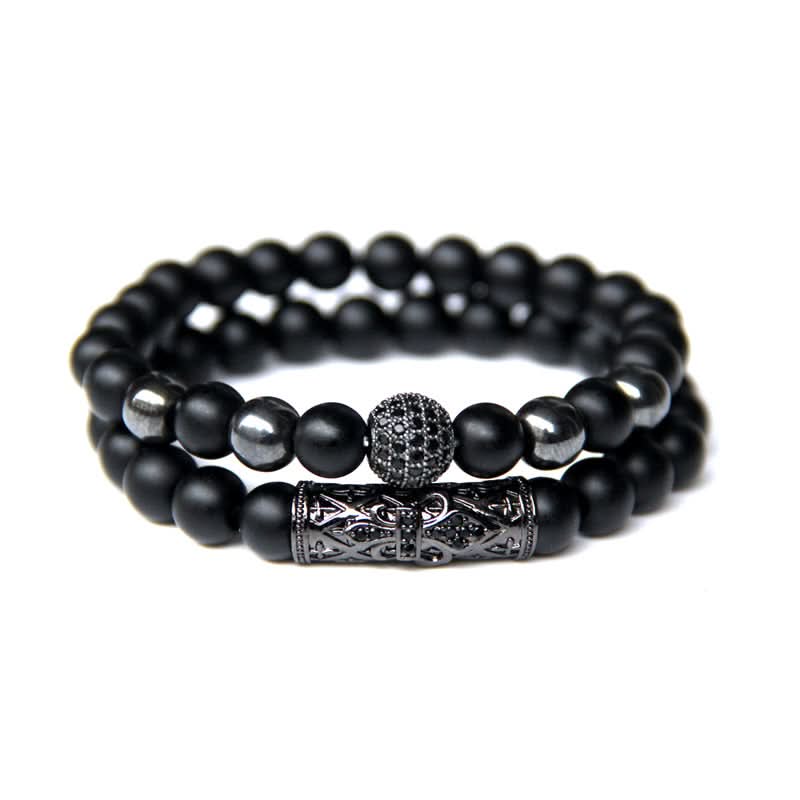 Unisex Natural Stone Beaded Bracelet Set – Micro-Inlaid Skull Design