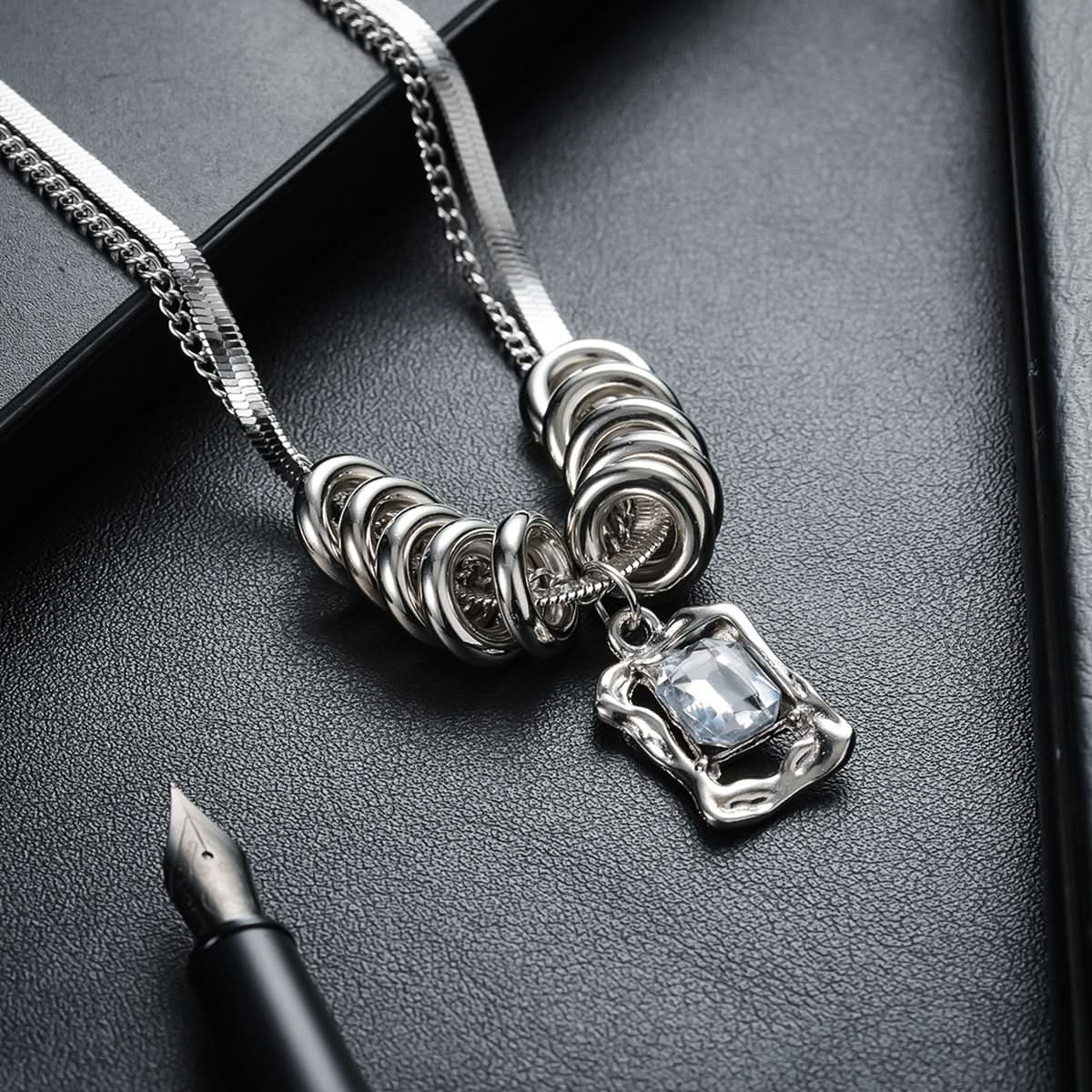 Men’s Double-Layer Ring Pendant Necklace – Zircon Inlay