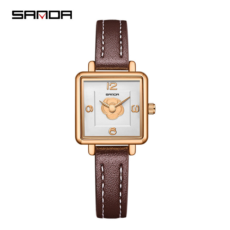 Sanda Women’s Square Quartz Watch – Waterproof Leather Strap Casual Analog Watch