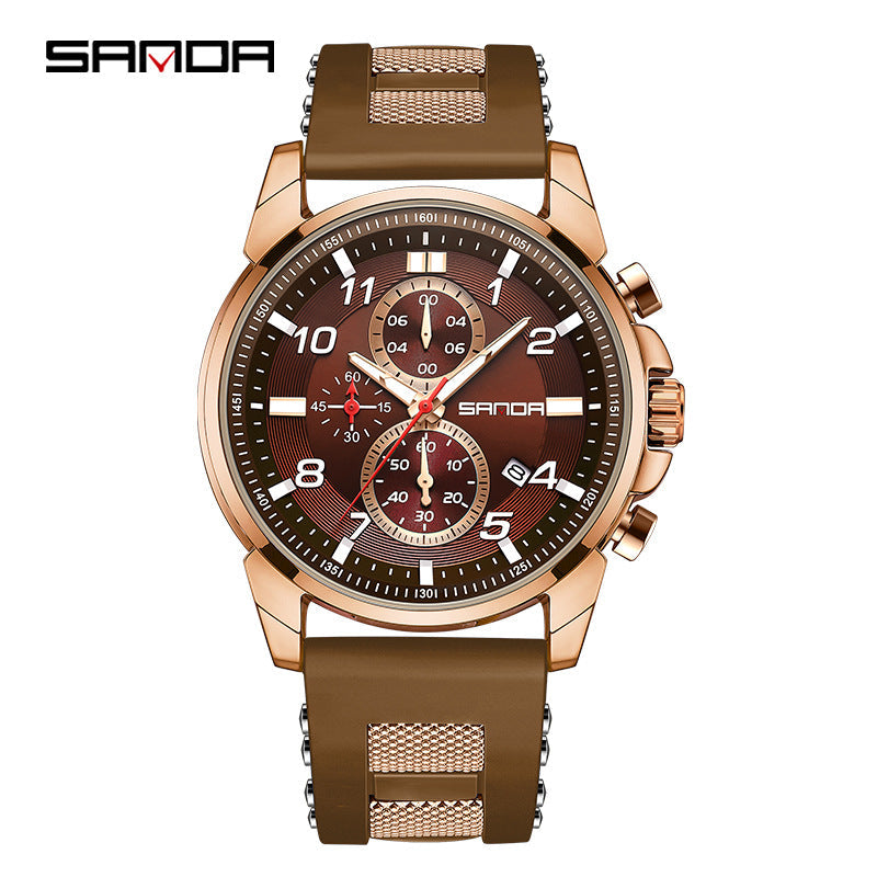Sanda Men’s Silicone Quartz Watch – Three-Eye Chronograph, Waterproof Business Watch