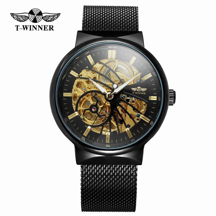 T-WINNER Automatic Mechanical Watch for Men – Mesh Strap, Waterproof Skeleton Design