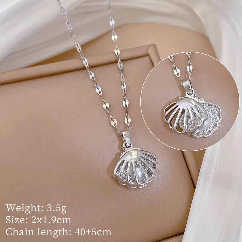 Luxury Zircon Shell Pearl Necklace – Titanium Steel Pendant with Micro-Inlaid Pearl