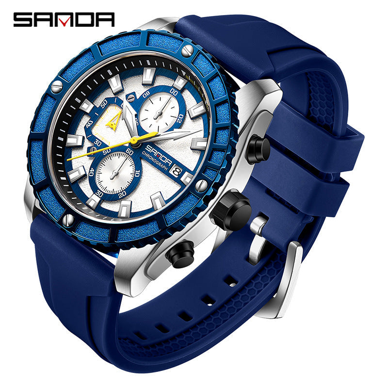 SANDA Luminous Men’s Quartz Watch – Waterproof Silicone Strap Chronograph with Calendar
