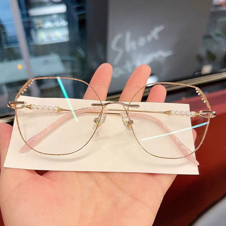 Elegant Diamond-Cut Frameless Anti-Blue Light Reading Glasses – Large Gold Polygon Frame