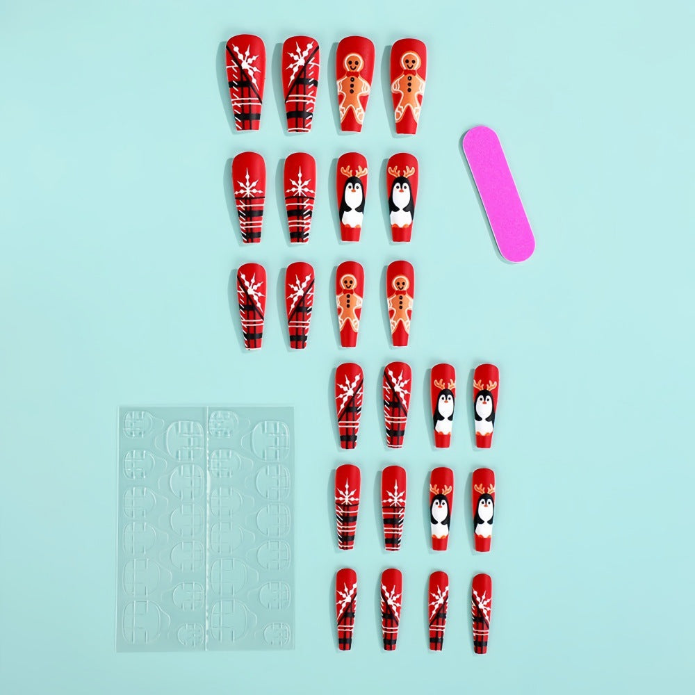 Festive Red Coffin Press-On Nails – Penguin & Gingerbread Design Nail Art