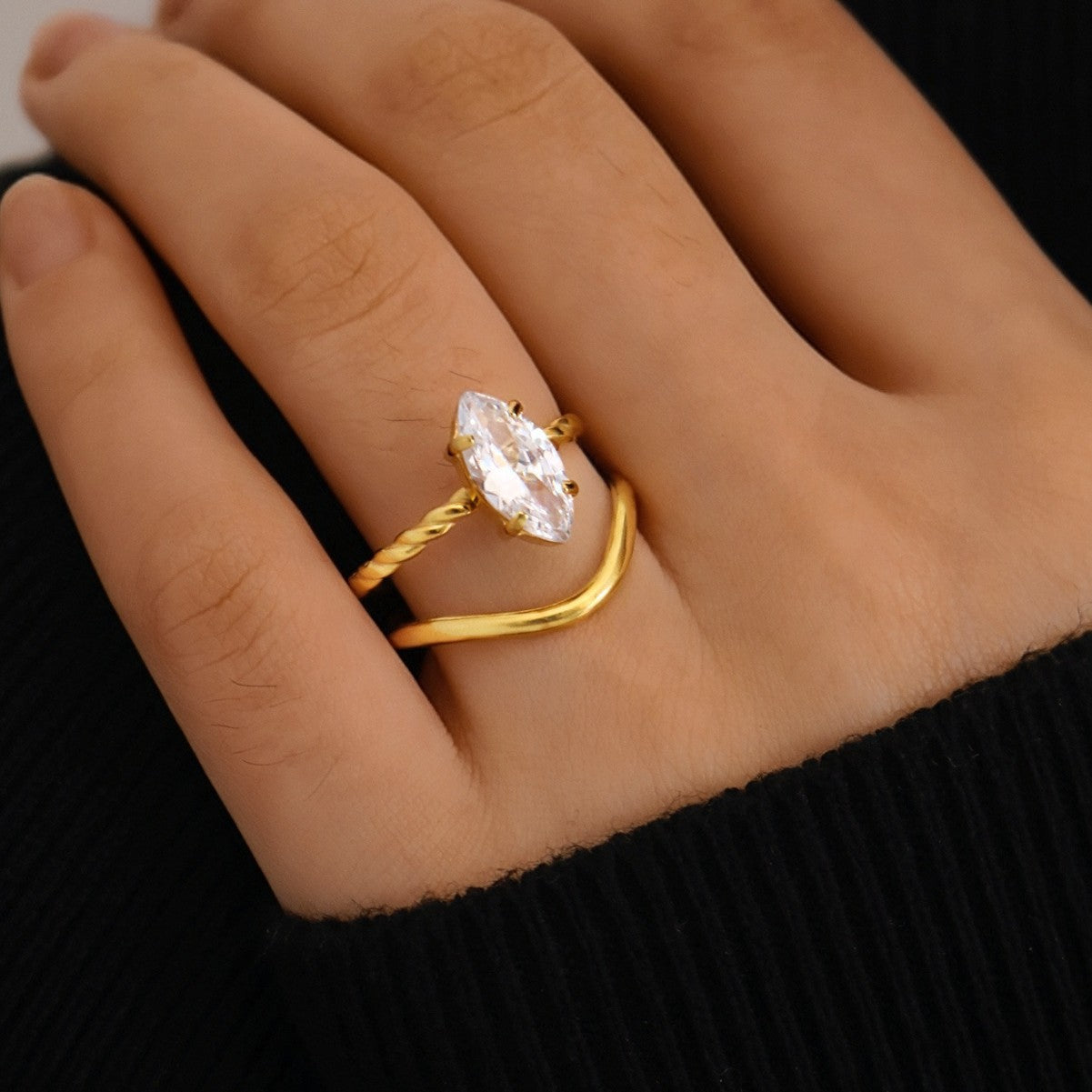 Gold Vine Twist Zircon Ring – Retro Titanium Steel Statement Ring for Women