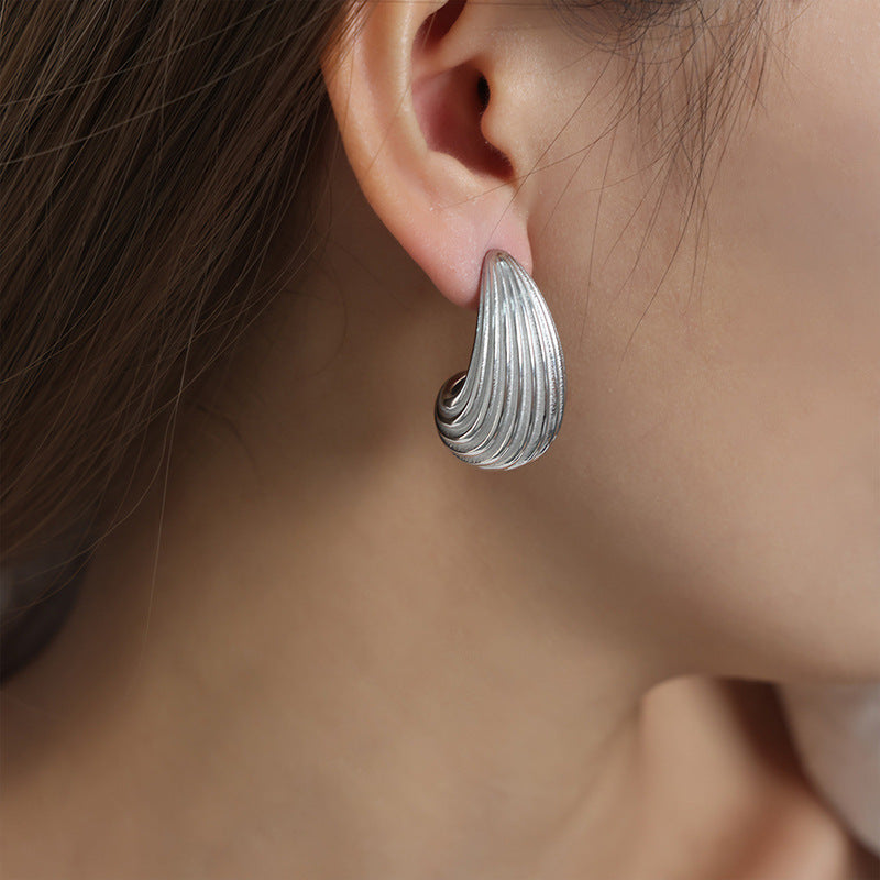 Shell Drop Stud Earrings – Vintage Ribbed Design, Titanium Steel Jewelry