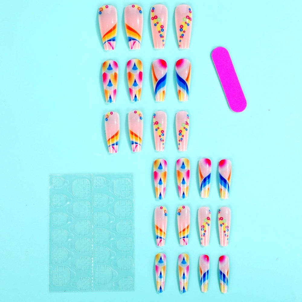 Colorful Abstract Coffin Press-On Nails – Long Glossy Swirl & Dot Design