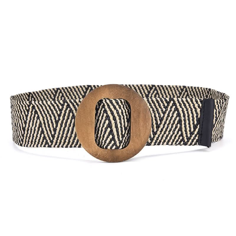 Women's Woven Elastic Belt – Stretch Waistband with Wooden Buckle