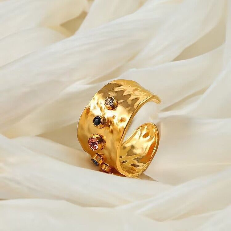 Adjustable Titanium Steel Statement Ring for Women – C-Shaped Colored Zircon Design