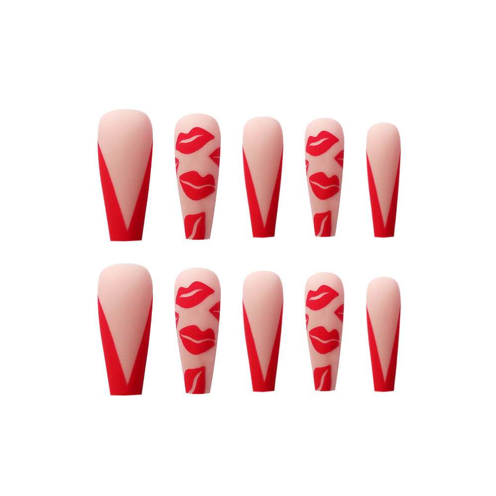 Valentine’s Lips Press-On Nails – Long Matte Finish Stiletto Nude & Red Acrylic Tips