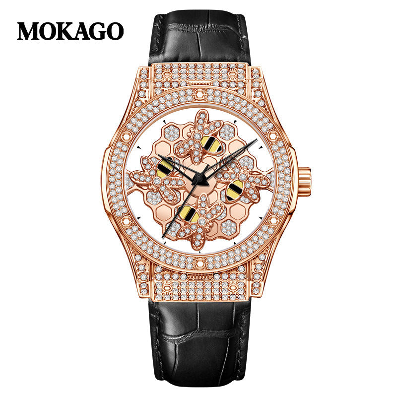 MOKAGO Women’s Quartz Watch – Diamond Hollow Dial, Leather Strap, Waterproof Timepiece